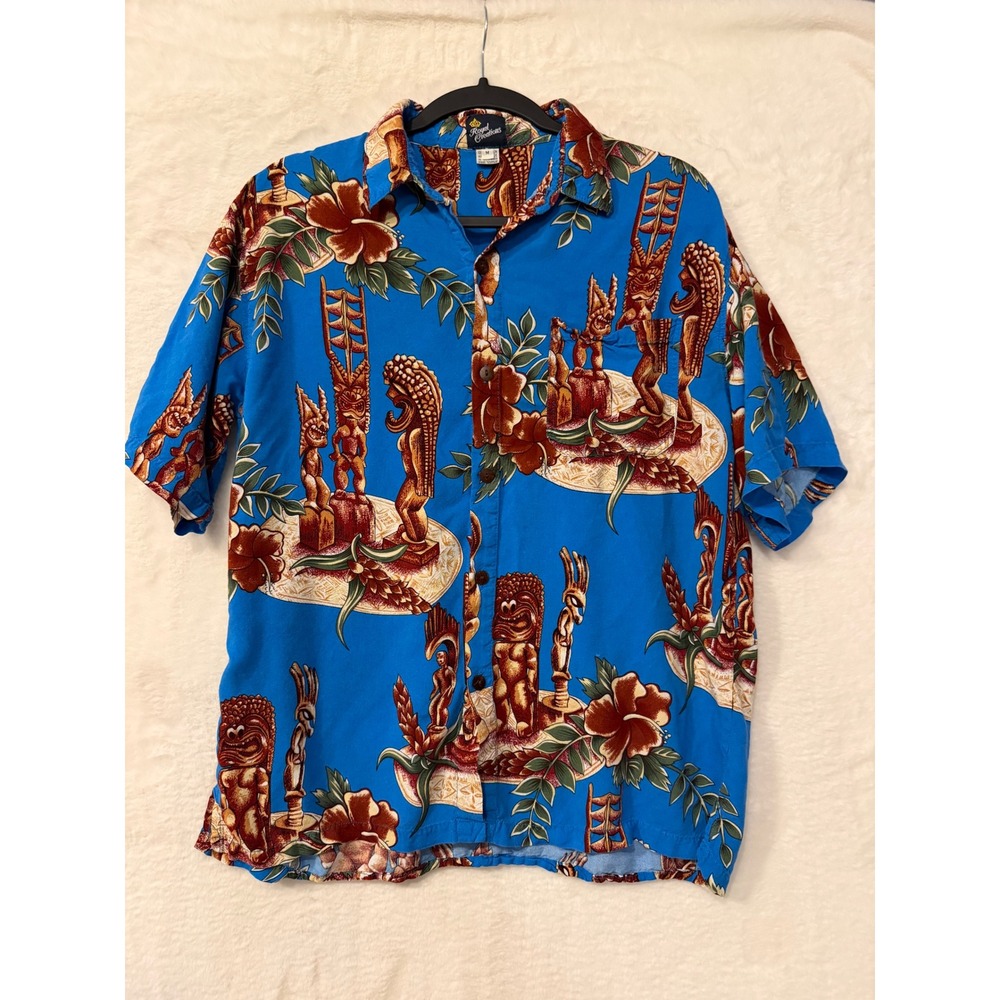 Royal Creations Mens Medium Hawaiian Shirt Blue Tiki Hibiscus Rayon Aloha Top